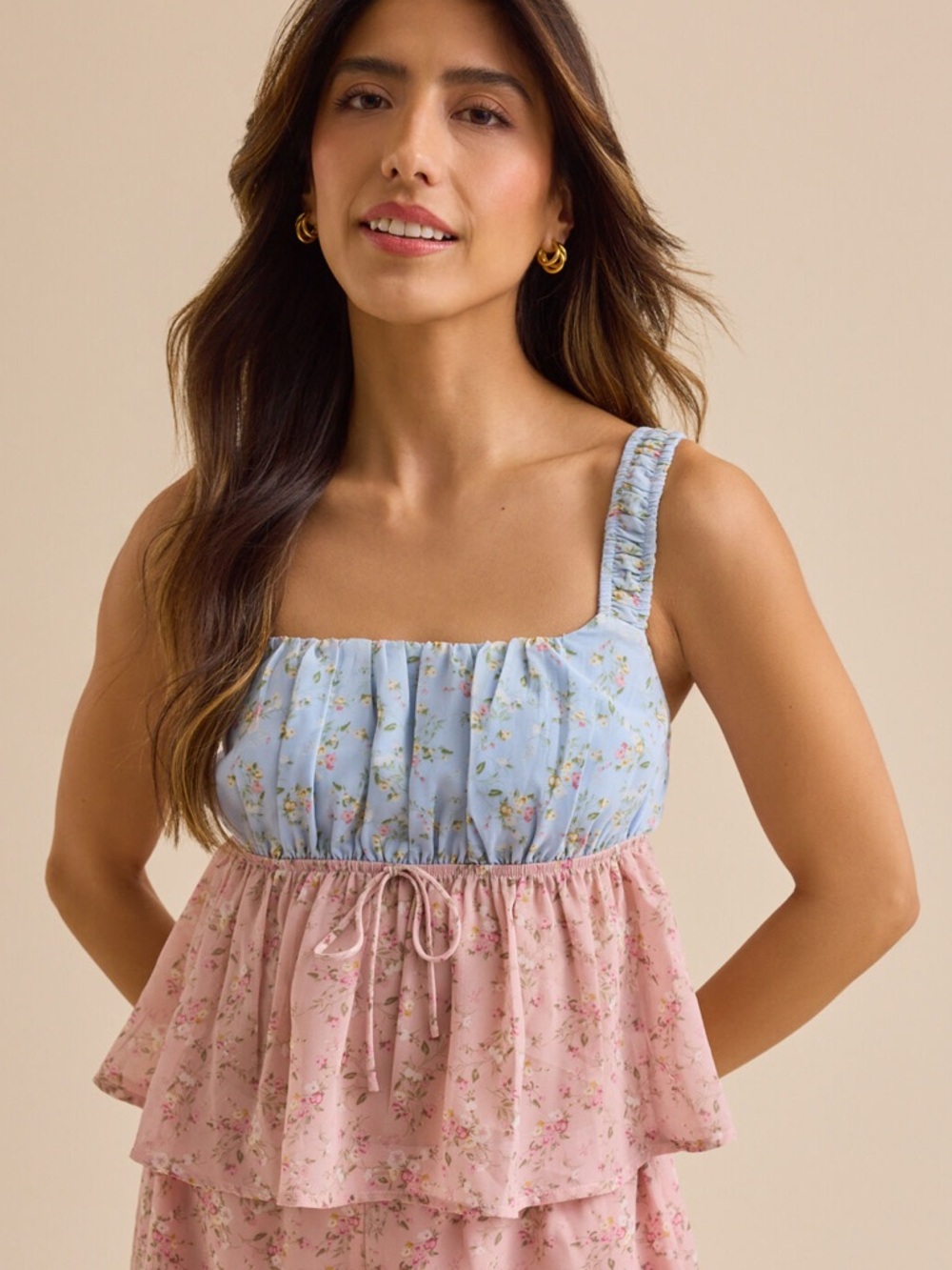 Altar'd State Blue and Pink Floral Tiered Ruffle Tank